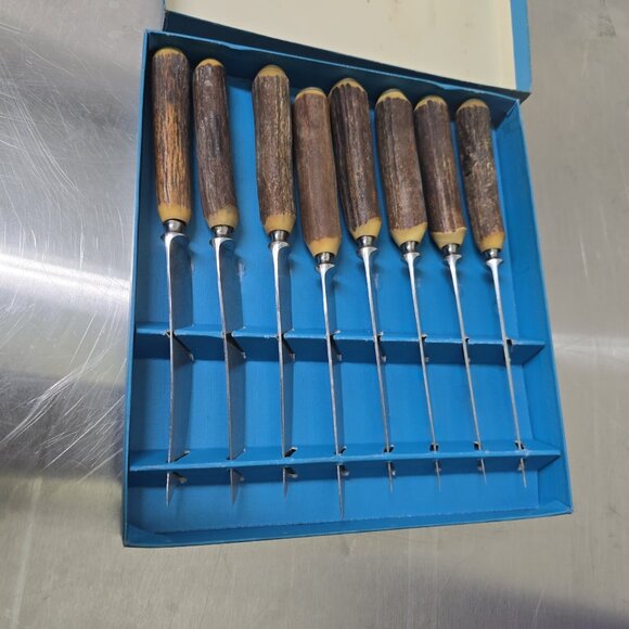 Vintage BIRKS Stag antler Set of 8 Stainless Steak Knives with original box - Picture 4 of 9